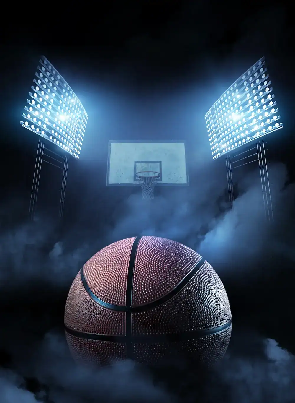 basketball with lights and backboard in the background