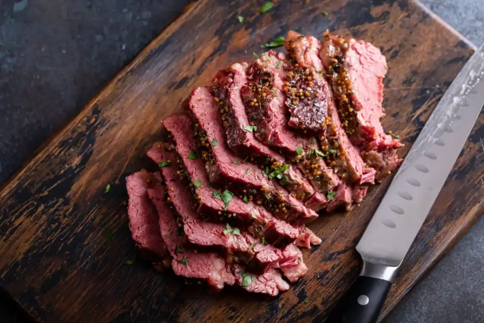 Corned beef getting cut and prepped on a cutting board