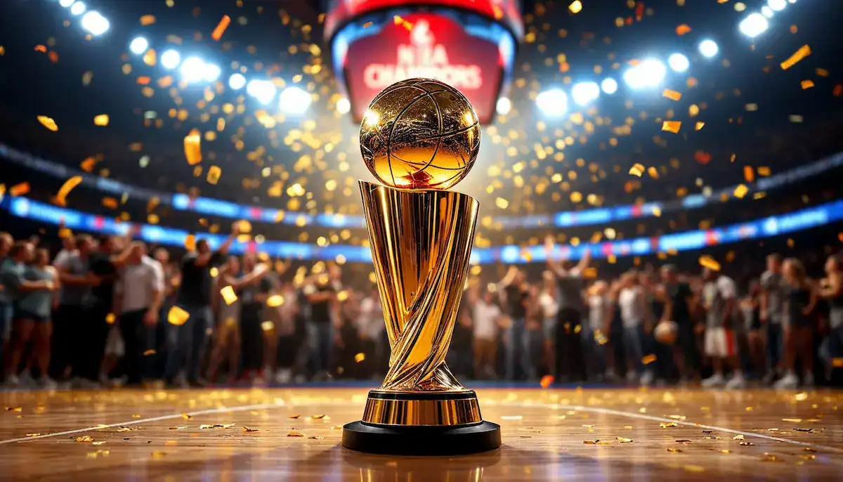 NBA Finals trophy with confetti flying in the background